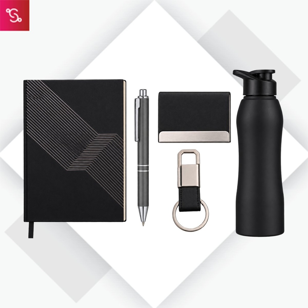 [SANM-Q151] Compact 5 Pc Black Gift Set: A5 Size Notebook, Metal Pen, Metal Pu Keychain, Metal Card Holder & Straight Stee