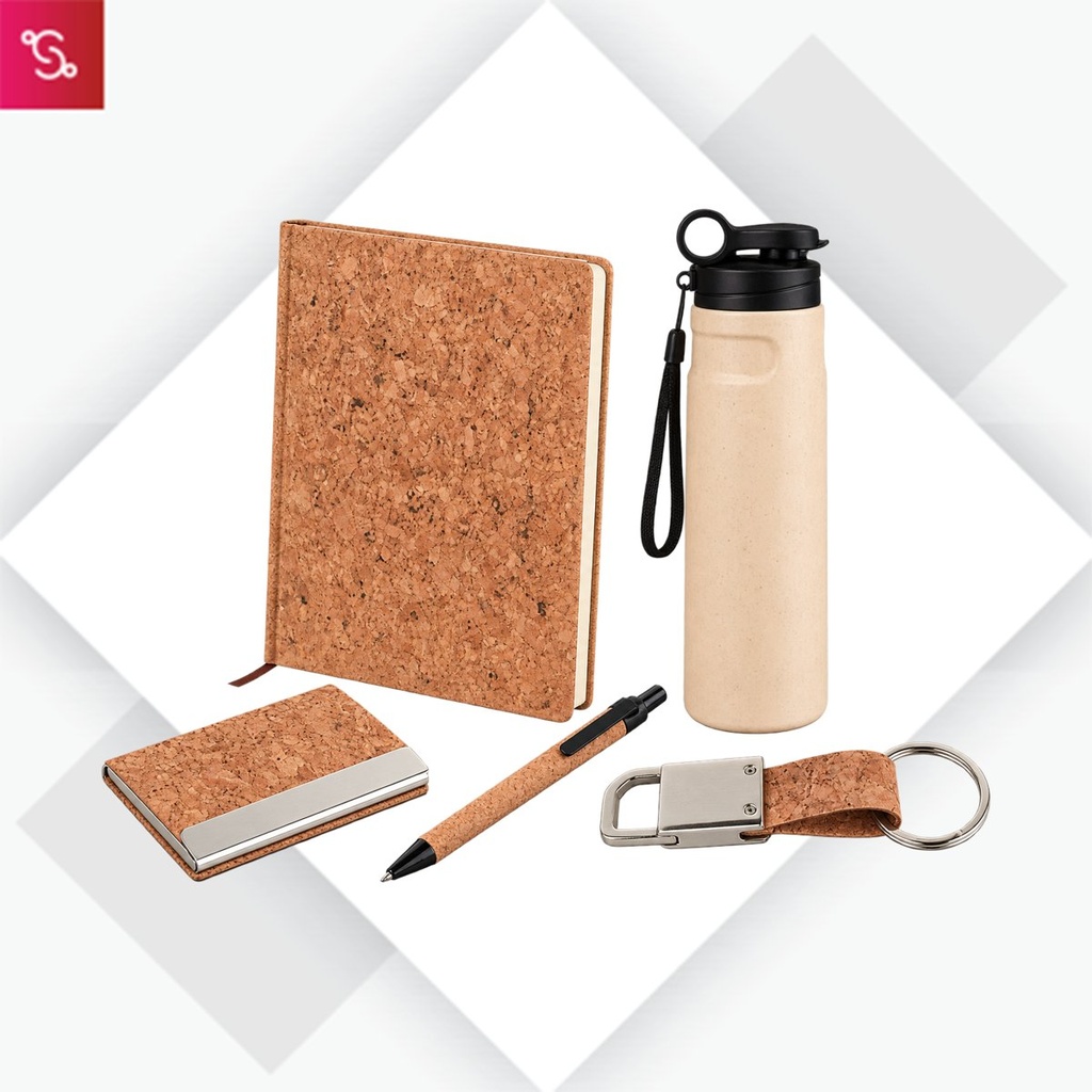 [SANM-Q153] Compact 5 Pc Cork Gift Set: Cork Notebook, Cork Pen, Metal Cork Keychain, Cork Card Holder & Insulated Steel B