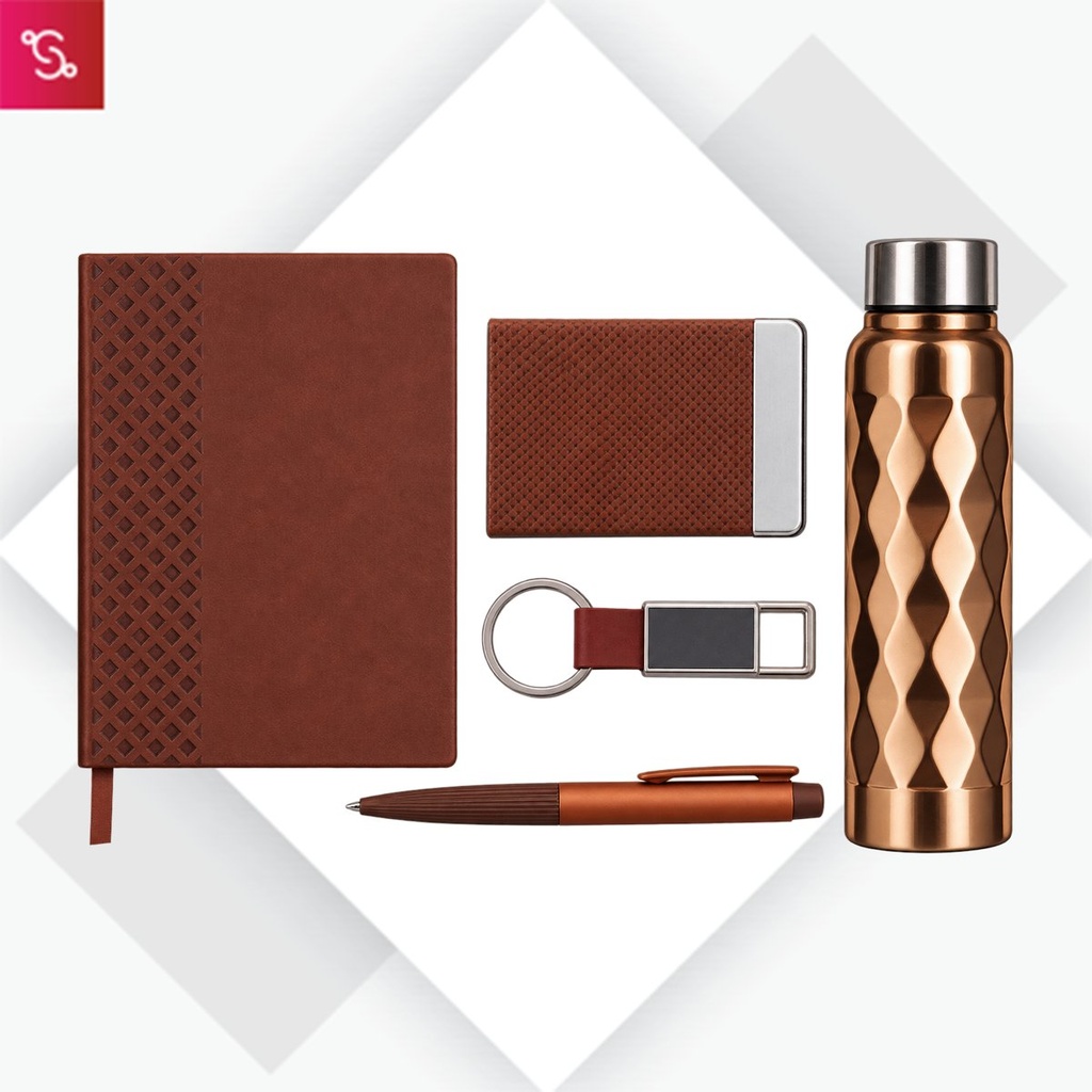 [SANM-Q154] Compact 5 Pc Tan Gift Set: A5 Size Notebook, Metal Pen, Metal Pu Keychain, Metal Card Holder & Prism Steel Bot