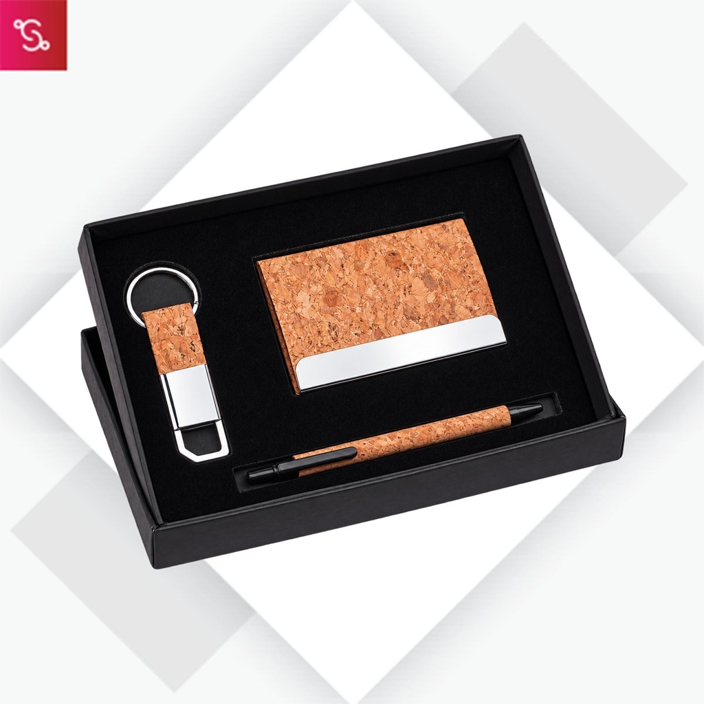 [SANM-Q155] Compact 3 Pc Cork Gift Set: Cork Pen, Metal Cork Keychain & Cork Card Holder