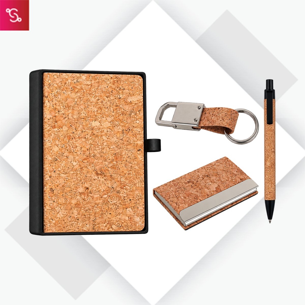 [SANM-Q185] Cork 4 pc set: Cork notebook with card holder, hanging cork keychain and cork pen