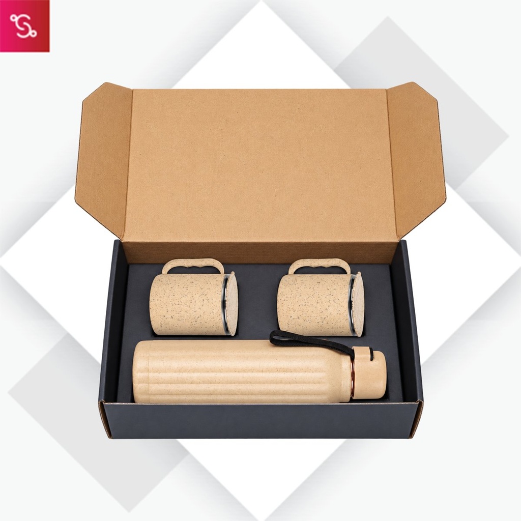 [SANM-Q197] 3 pc Eco Gift Set : Insulated Square Eco Steel bottle with 2 Eco Steel cups