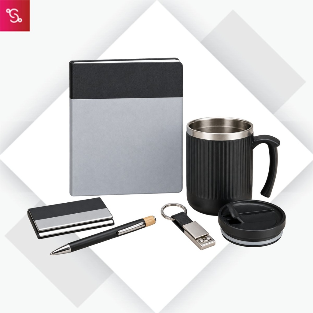 [SANM-Q219] Offix Set of 5: Dual Tone A5 Notebook, Metal Bamboo Pen, Metal Hanging Keychain, Metal Card Holder, Duramug St
