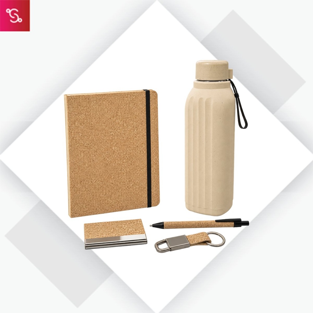 [SANM-Q220] Compact Set of 5: Square Eco Insulated Bottle, Cork A5 Notebook, Cork strap metal keychain, Cork Visiting card