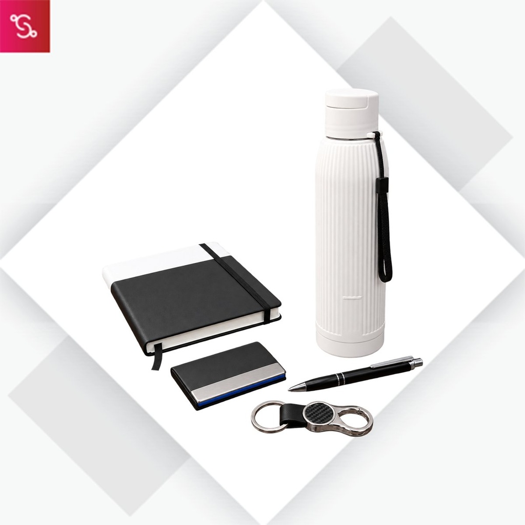 [SANM-Q221] Compact Set of 5: Ribd SS Insulated Bottle, Dual Tone A5 Notebook, Loop Metal Pen, Metal Hanging Keychain, Met