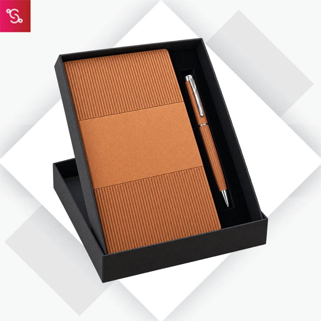 [SANM-Q222] Notebook Set of 2: Double Strip A6 size Notebook, Groove Brass body pen in Hard board box