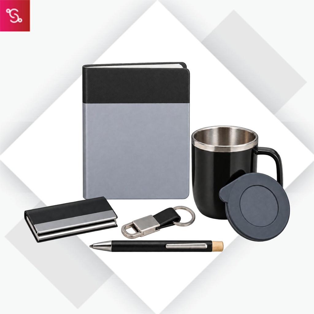 [SANM-Q231] Offix Set of 5: Dual Tone A5 Notebook, Metal Bamboo Pen, Metal Hanging Keychain, Metal Card Holder, Double Wal
