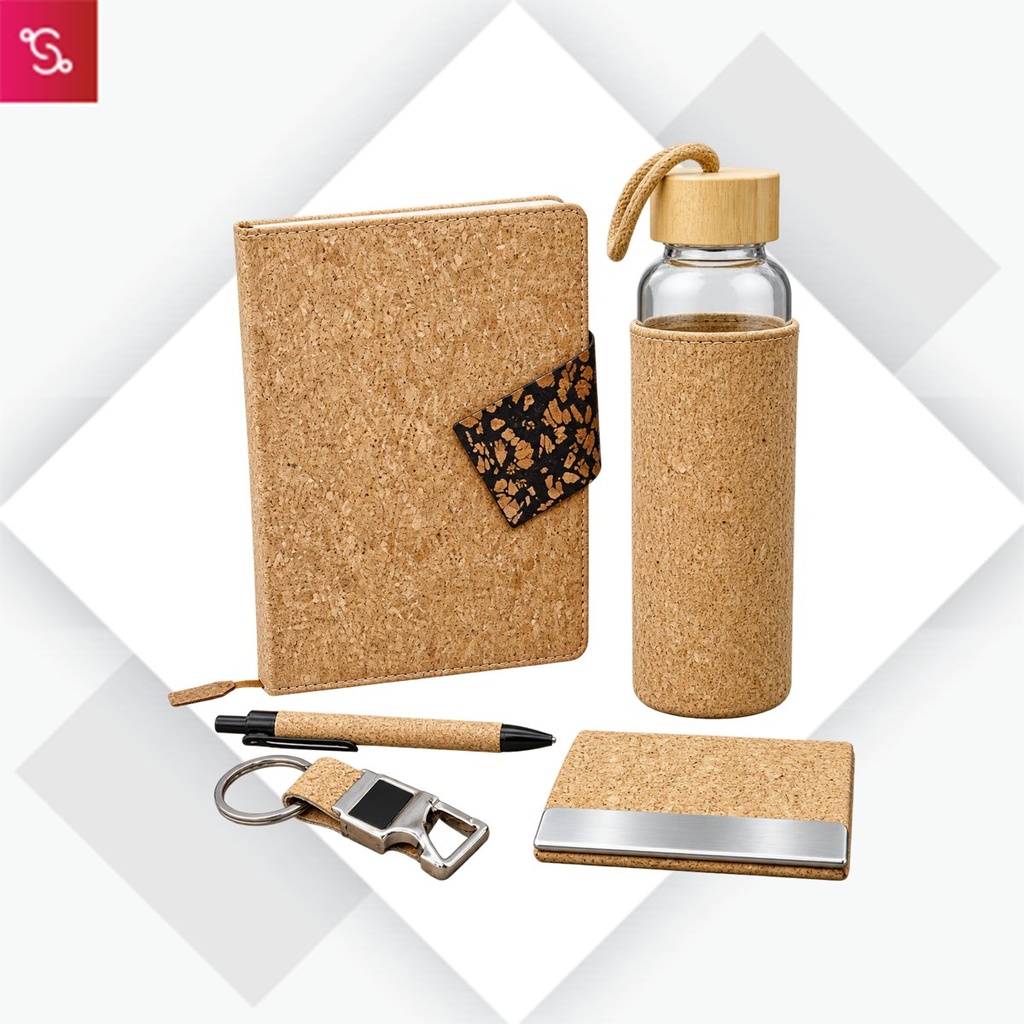 [SANM-Q238] Compact Set of 5: Cork Duo notebook with Magnetic Flap, Glass bottle with Cork sleeve, Cork Pen, Cork Keychain