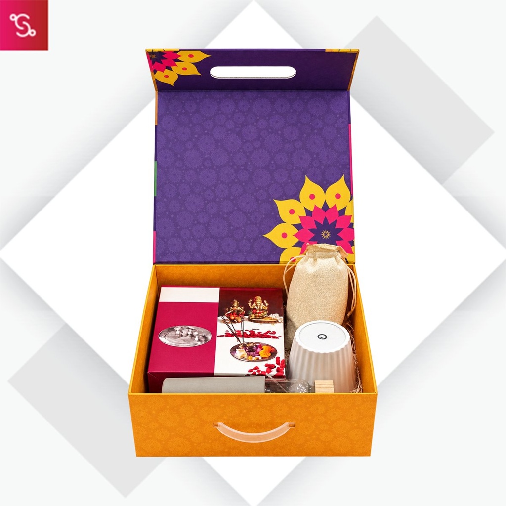 [SANM-Q241] Celebrations Set of 4: Divine Mini Pooja Thali Set, Glass bottle with Silicon sleeve, ZigLume Rechargeable Lam