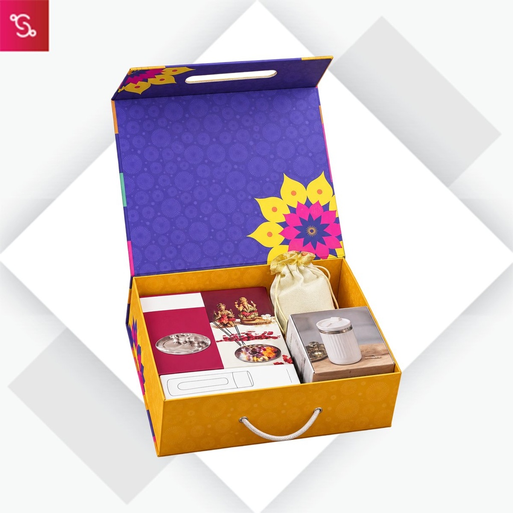 [SANM-Q242] Celebrations Set of 4: Divine Mini Pooja Thali Set, Glass bottle with Metal plate, Large SS mug, Almonds in po