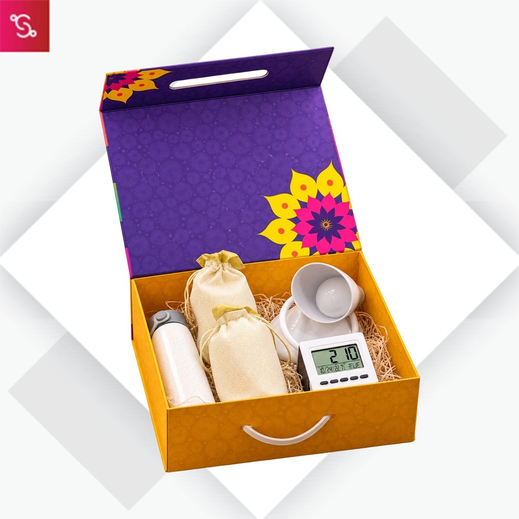 [SANM-Q247] Celebrations Set of 5: Brighto LED Lamp, Glass bottle with phone stand, Clock with Pen Stand, Almonds in pouch