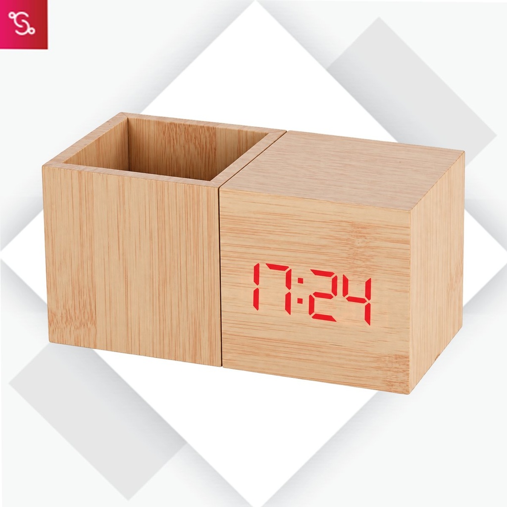 [SANM-A149] BlockTime: Wooden Table Top with Digital LED Clock and Pen Stand tumbler