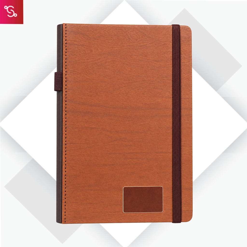 [SANM-B157] Wooden texture PU notebook with bookmark ribbon, elastic fastener, pen slot and Metal Plate