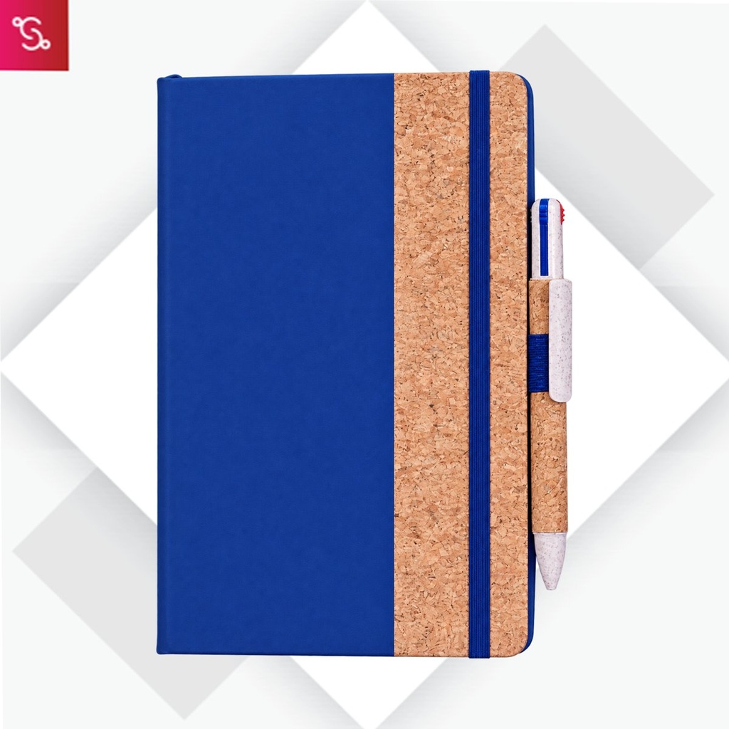 [SANM-B206] Dual tone Cork fabric notebook with Elastic Fastener & 4 refill Cork Pen