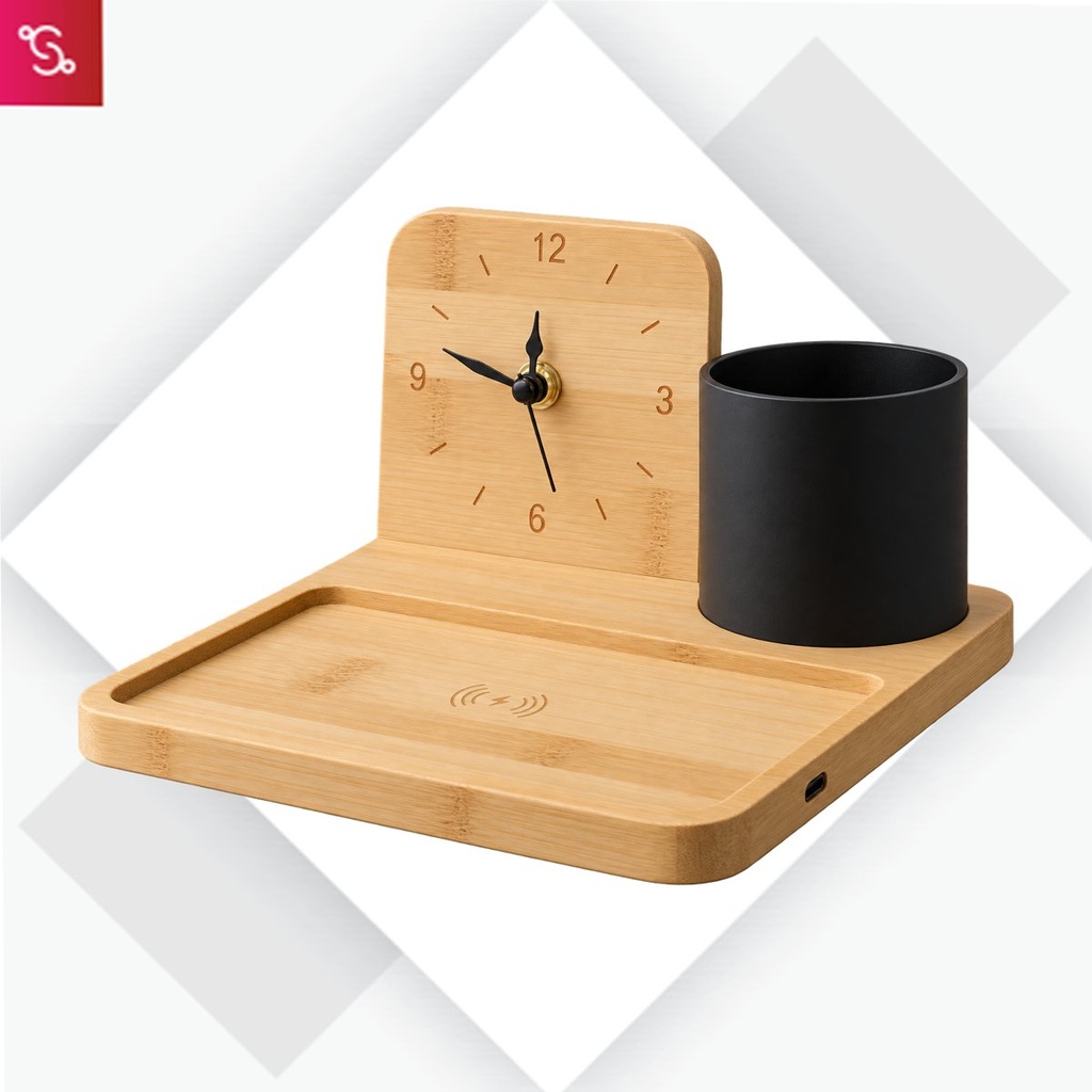 [SANM-C209] ZenCharge Core: Bamboo Wireless charger with phone stand, Metal Pen holder and Clock