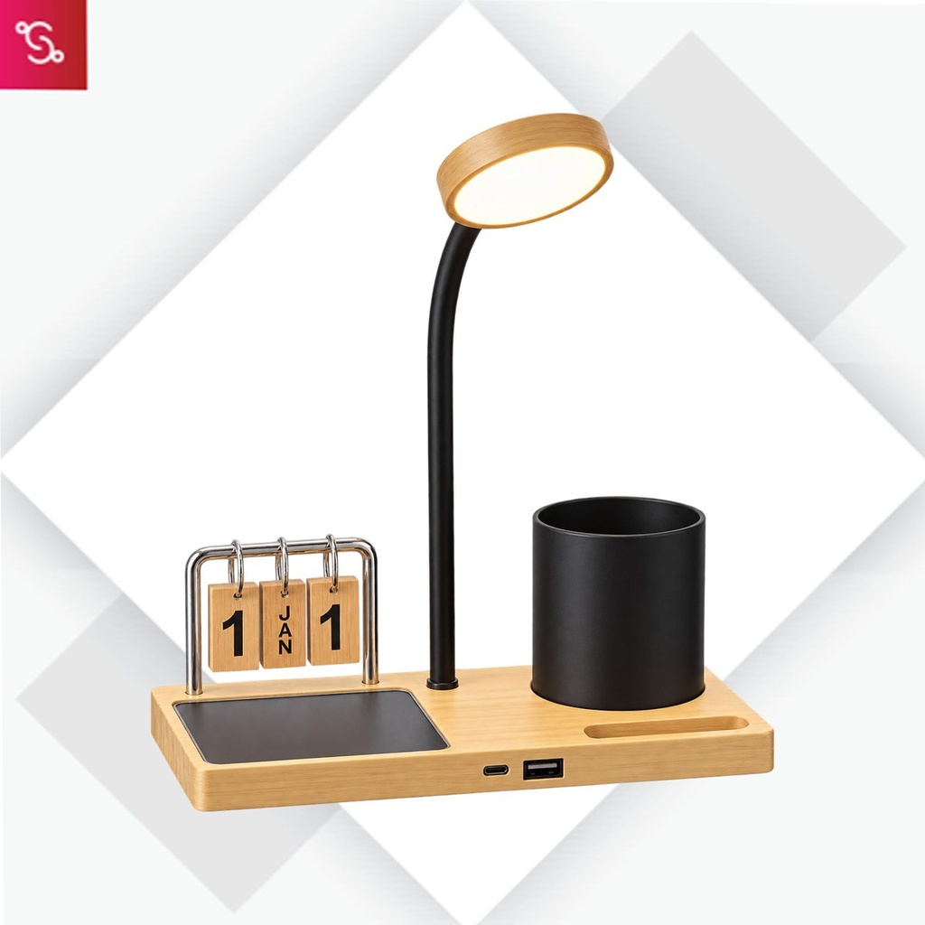 [SANM-C210] GlowNest Pro: Bamboo Table top with Cup warmer, LED Lamp, Metal Pen holder, Phone stand & Perpetual calendar
