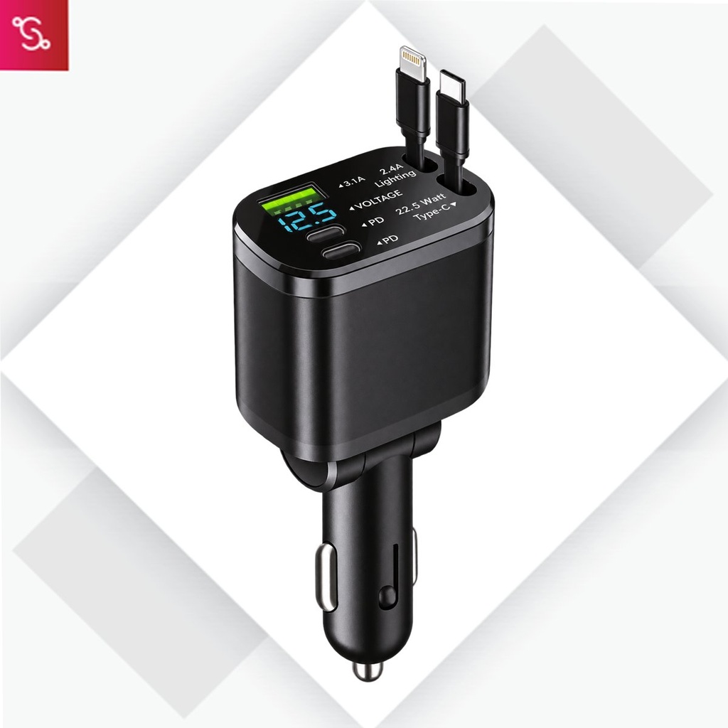 [SANM-C215] SnapCharge Duo: Car Charger with Double retractable wires & Voltage Display