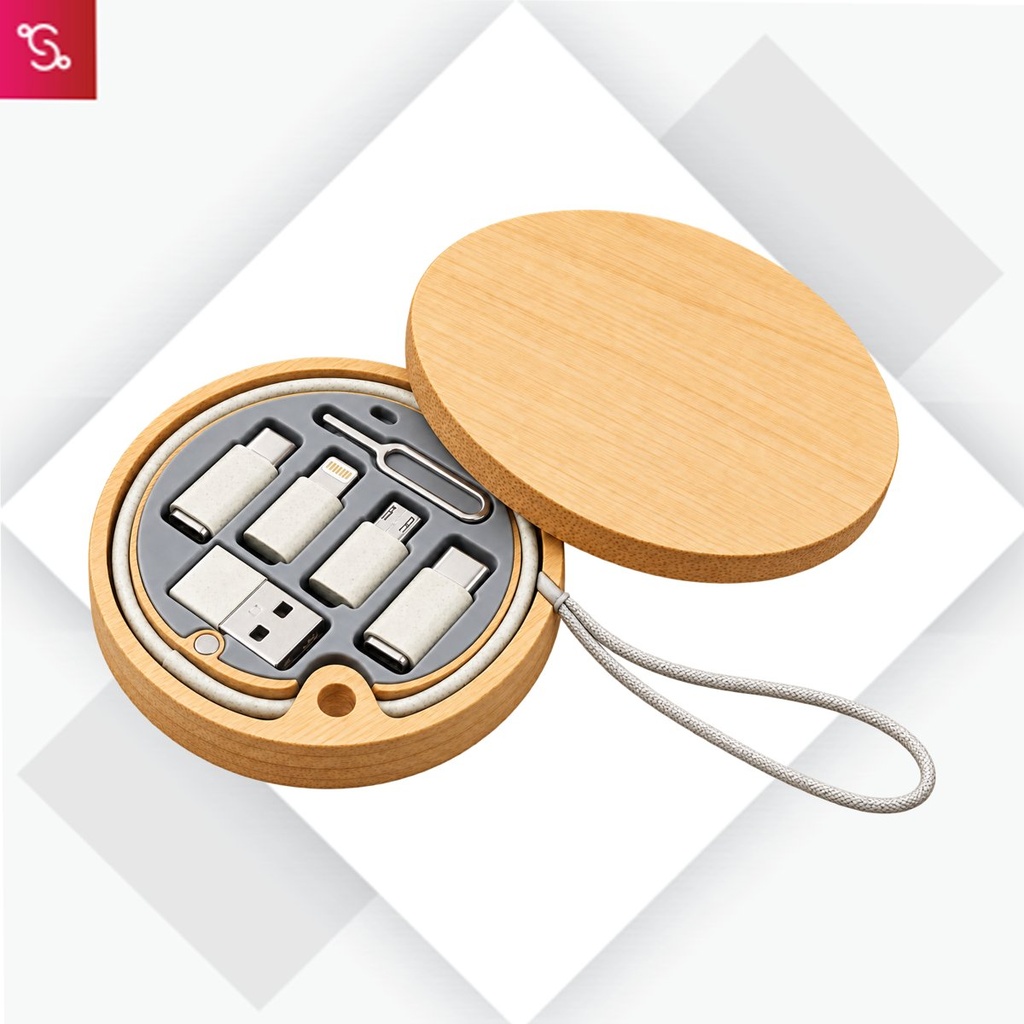 [SANM-C217] BamBox Round: Travel Cable box with universal connectors, ejector pin in Magnetic Bamboo Case
