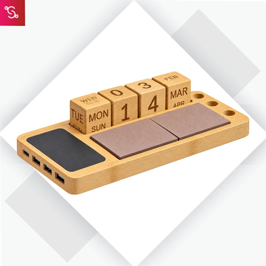 [SANM-C222] PowerGlow DeskHub: Bamboo Table top with Perpetual Calendar