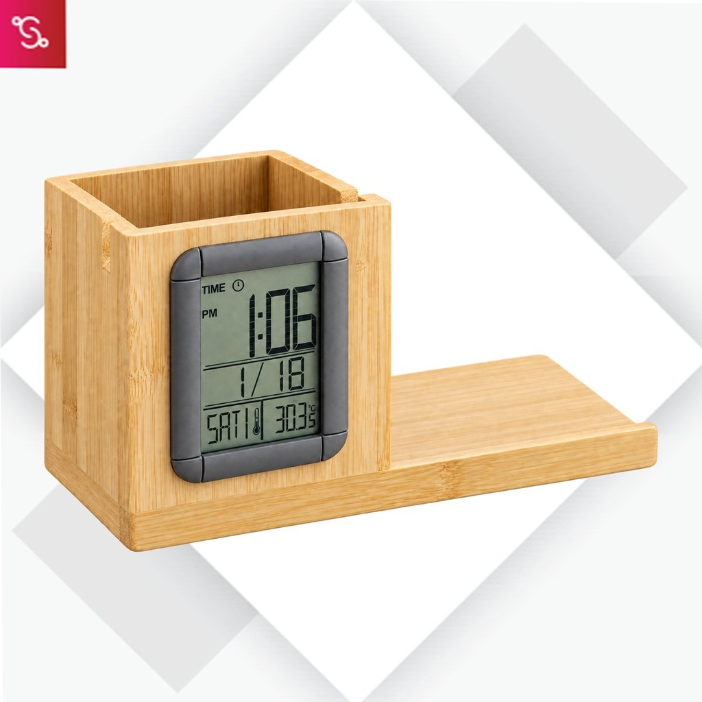 [SANM-C229] ZenCharge Time: Bamboo Pen Stand with Clock
