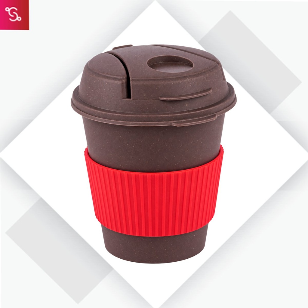 [SANM-H222a] Bamboo Dark Coffee mug: Eco friendly mug with flip top Lid and Anti-Scald sleeve