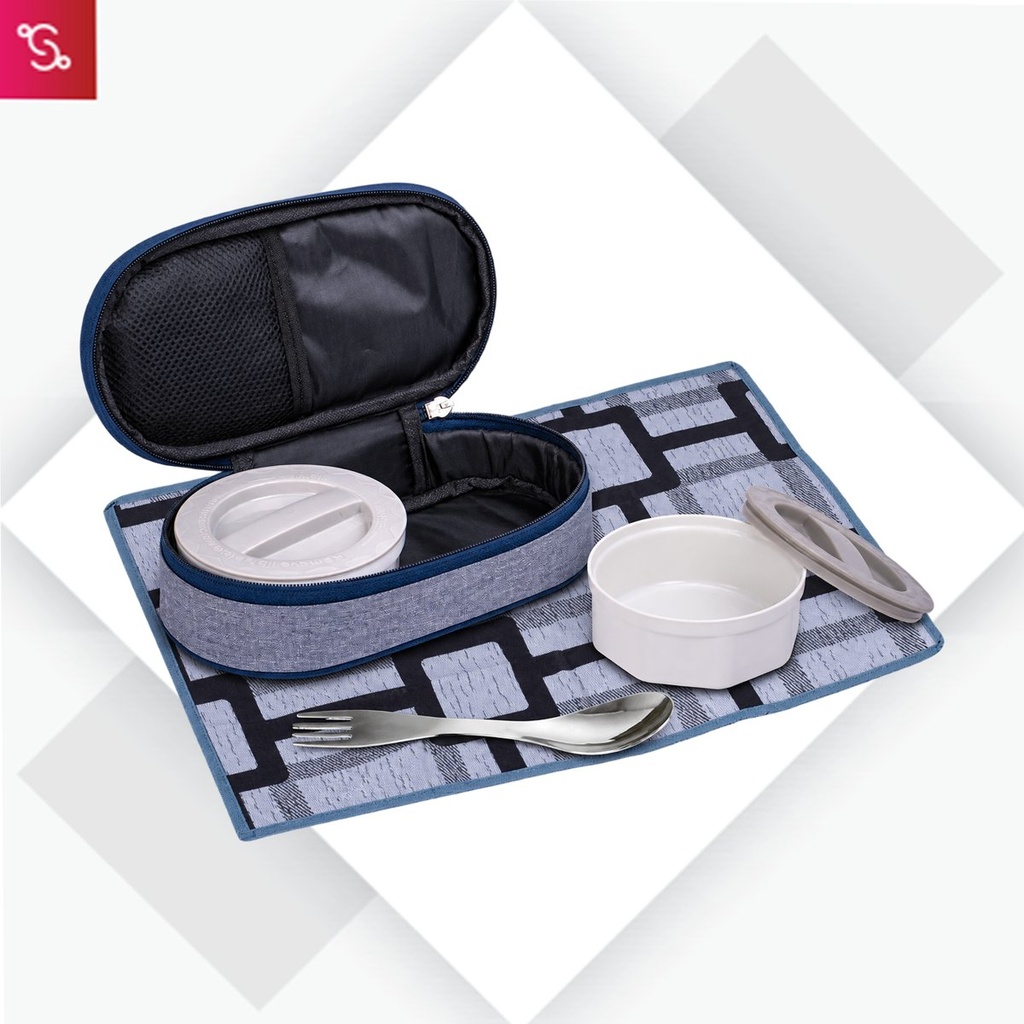 [SANM-H286] Mini Lunch box bag with 2 Microwave safe containers, Spoon, Fork and Tablemat
