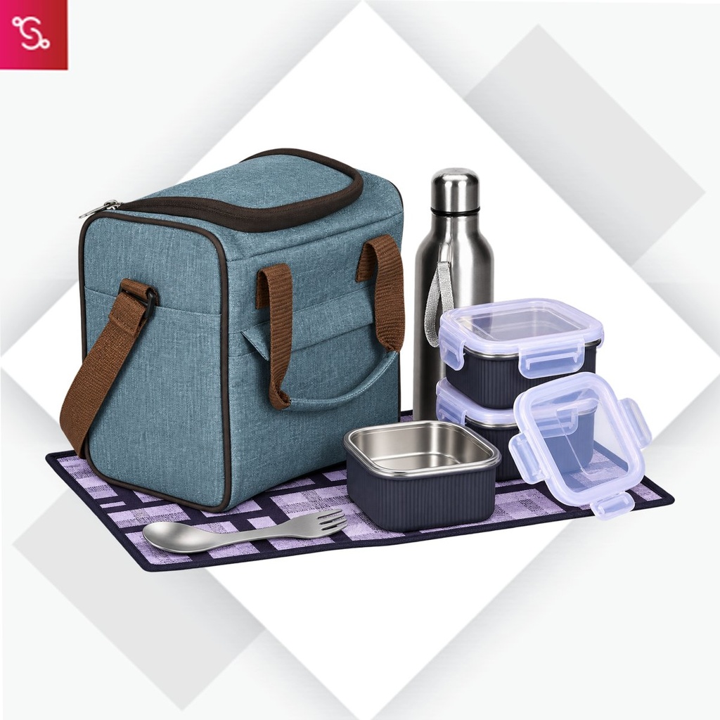 [SANM-H340] PIK-KIT Joy: All in 1 Lunch box with 3 Square Stainless Steel containers with striped design