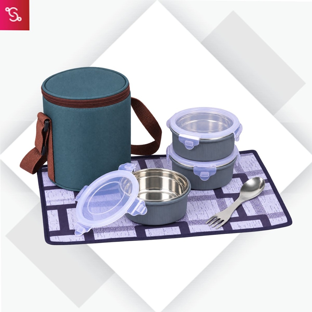 [SANM-H341] Zippy Nova: Lunch box bag with 3 Stainless steel containers, Fork, Spoon, Tablemat