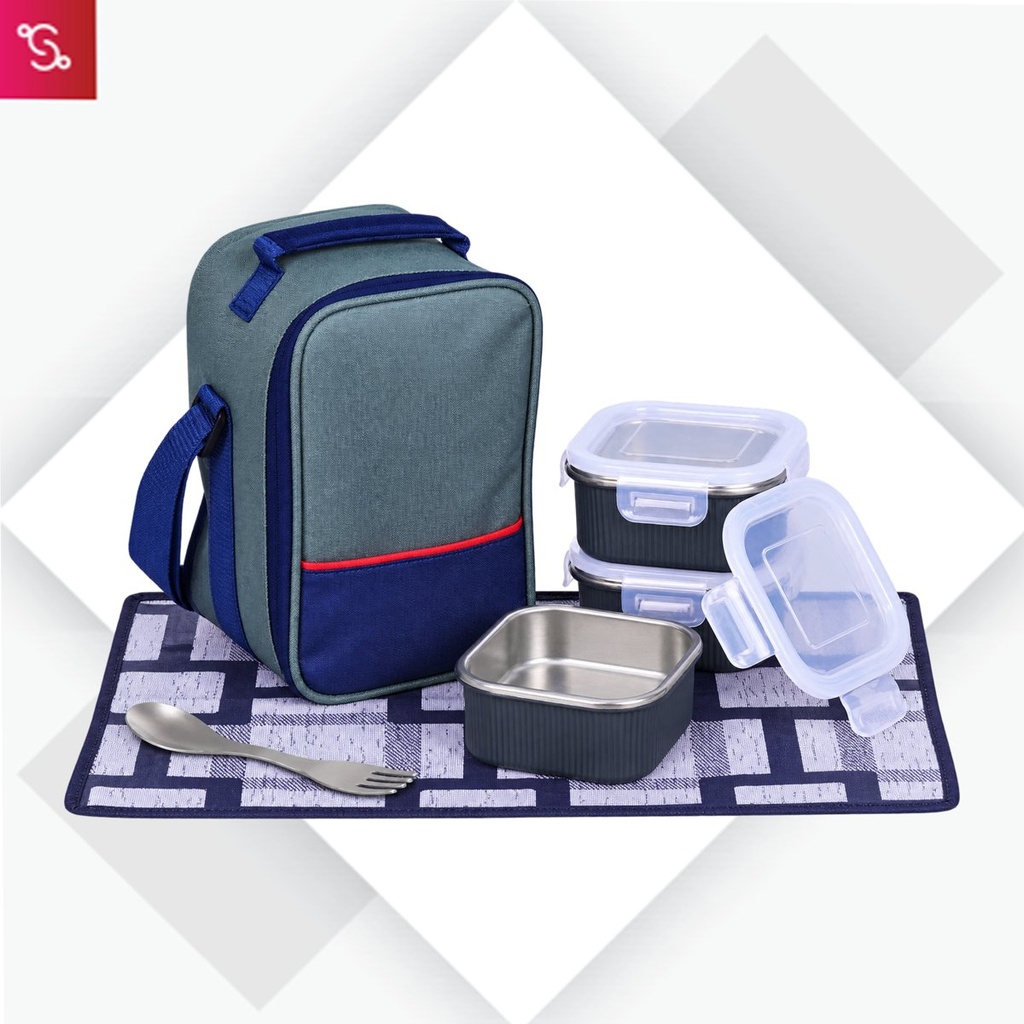 [SANM-H342] Zippy Square: Lunch box bag with 3 Square Stainless steel containers with striped design, Fork, Spoon, Tablema