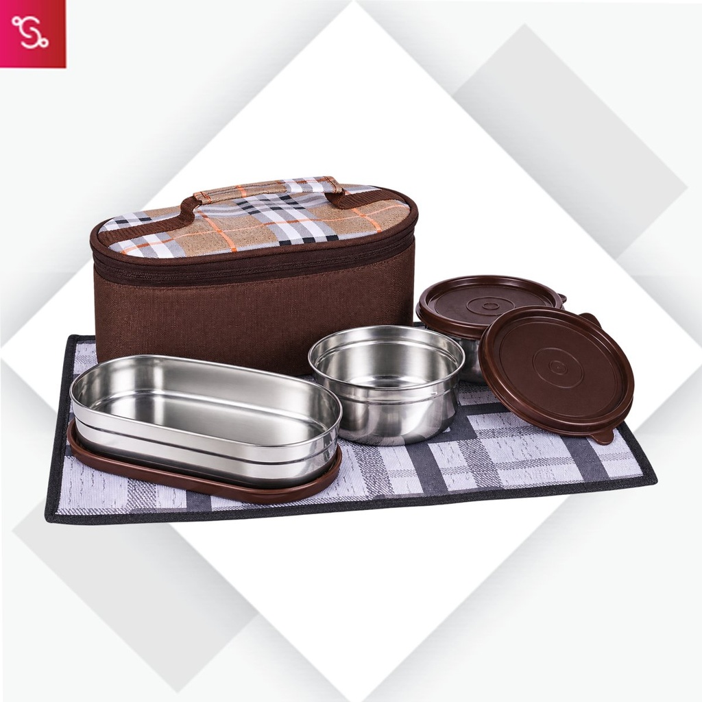 [SANM-H364] Zippy Trio: Lunch bag with 2 SS round containers, 1 SS long container, Spoon, Fork and Tablemat