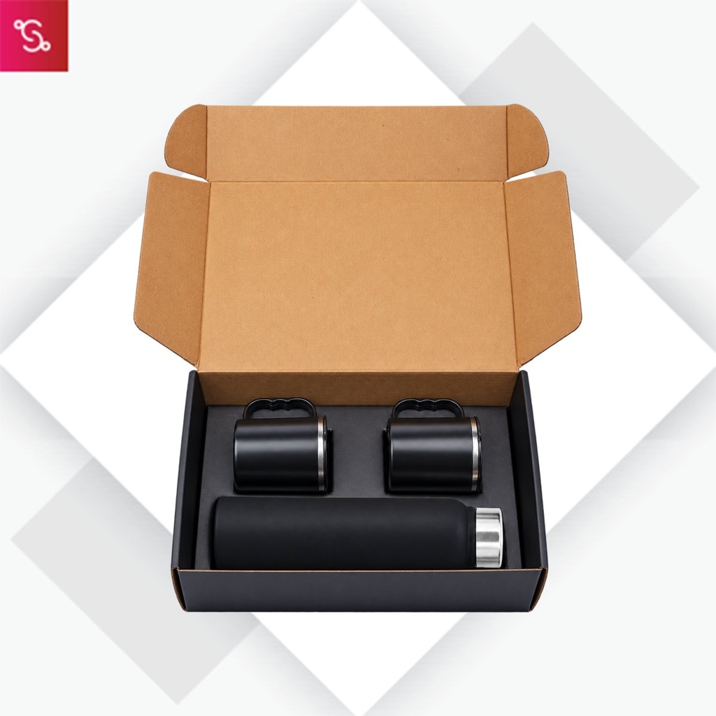 [SANM-Q48] Set of Black Stainless Steel Bottle with 2 Stainless steel cups in Gift box