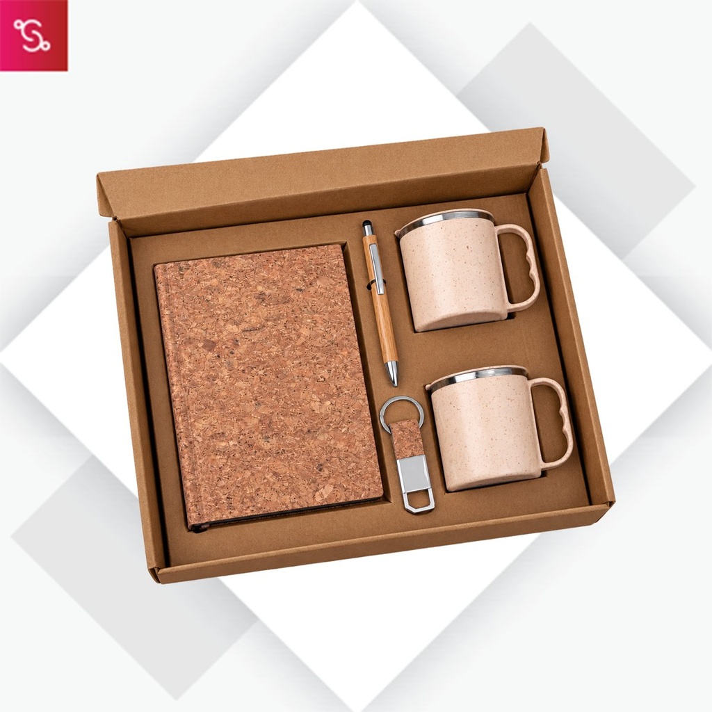 [SANM-Q107] EcoSet 1: Set of A5 Cork notebook, 2 Eco Steel mugs, Bamboo Pen & Cork Keychain in Kraft Gift Box