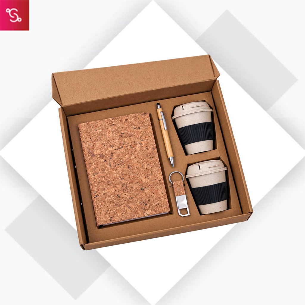 [SANM-Q110] EcoSet 4: Set of A5 Cork notebook, 2 Bamboo Coffee Mugs with Silicon Sleeve, Bamboo Pen & Cork Keychain in Kra