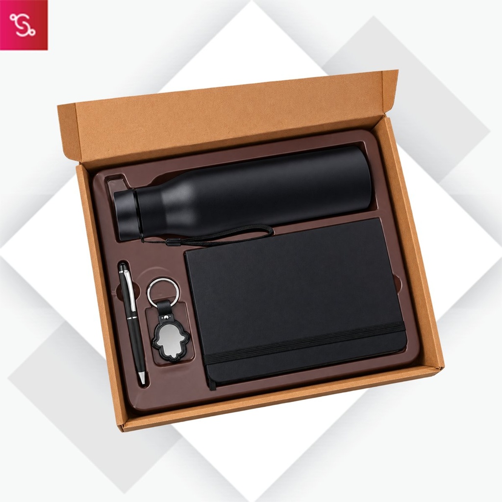 [SANM-Q113] 4 in 1 Black set: Tulip shape Keychain, SS Bottle, Metal Pen and A5 PU notebook in Kraft Gift Box