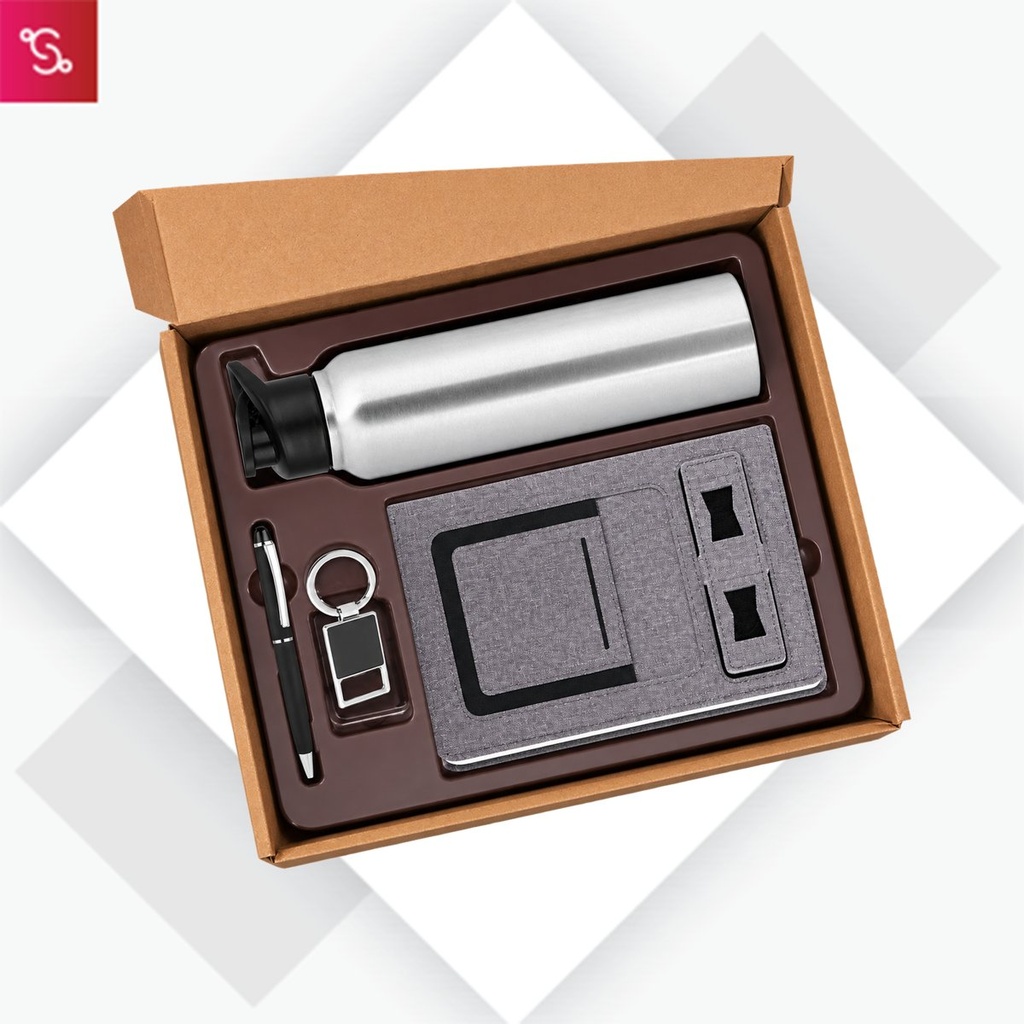[SANM-Q118] 4 in 1 Gray set: Metal Keychain, SS natural bottle, Metal Pen and 4 in 1 notebook in Kraft Gift Box