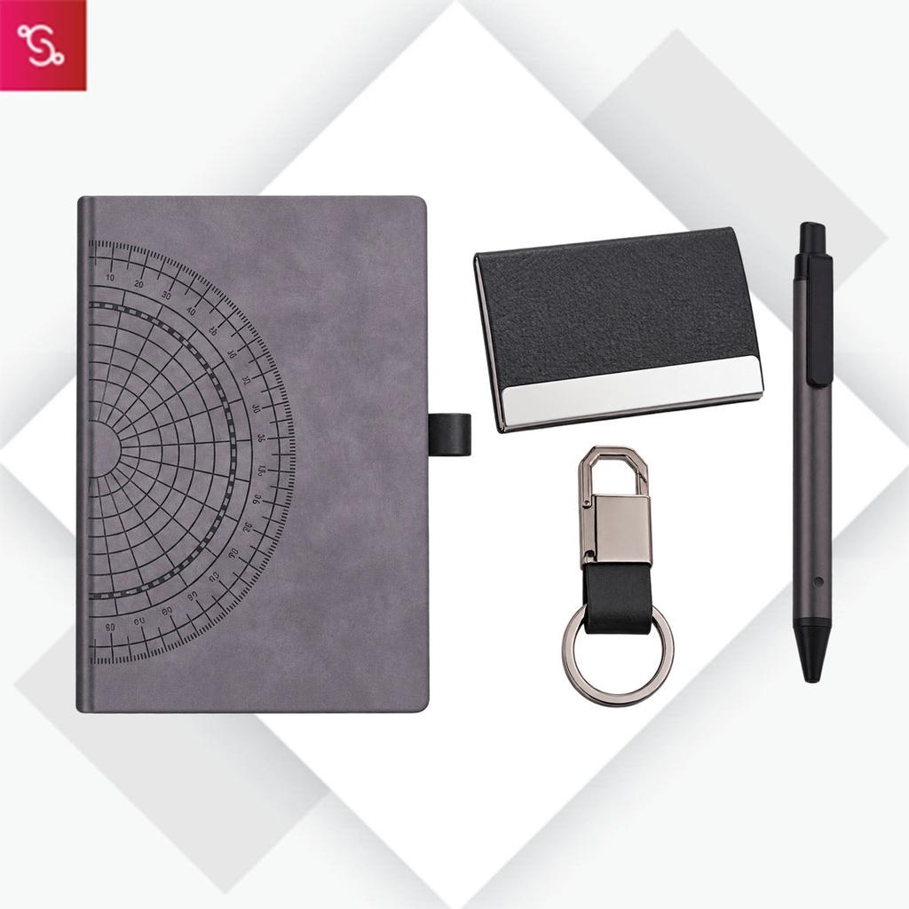 [SANM-Q121] Compact 4 pc Gray gift set: A5 size Notebook, Metal pen, Metal PU Keychain, Metal Card holder