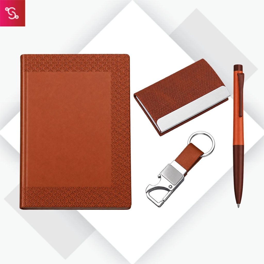 [SANM-Q122] Compact 4 pc Tan gift set: A5 size Notebook, Metal pen, Metal PU Keychain, Metal Card holder