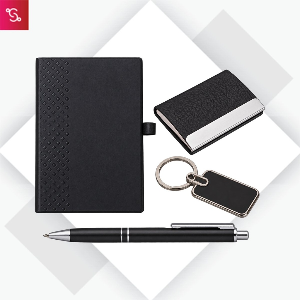 [SANM-Q123a] Compact 4 pc Black gift set: A5 size Notebook, Metal pen, Metal PU Keychain, Metal Card holder